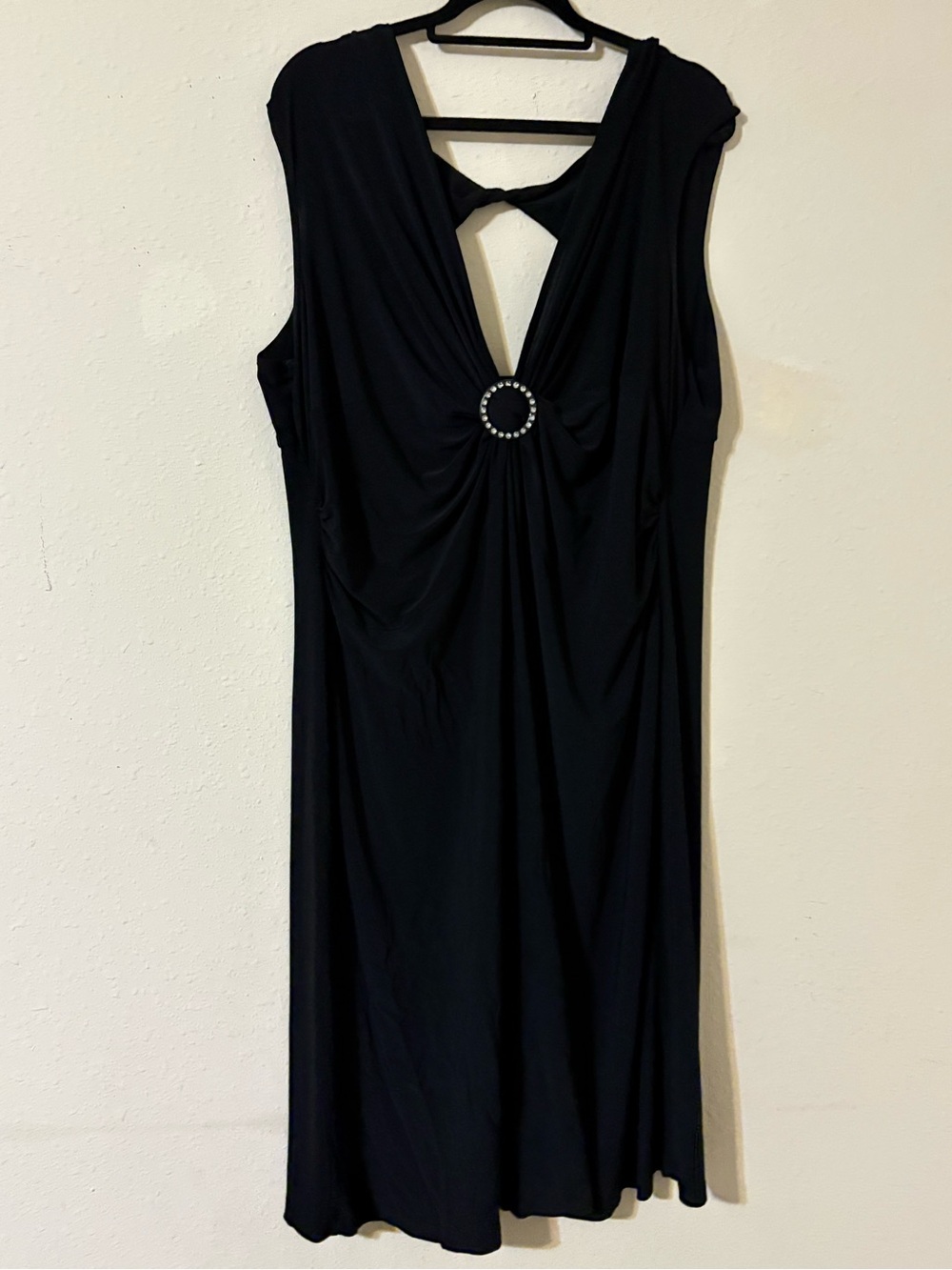 Black Sleeveless Midi Dress with Rhinestone Ring Detail
